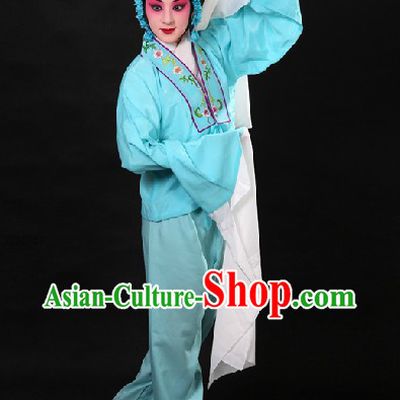 Traditional Chinese Blue Beijing Opera Hua Dan Long Sleeves Practice Robe and Pants