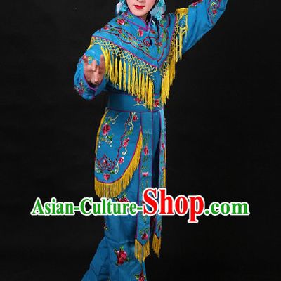 Blue Chinese Opera Female Warriors Heroines Costumes on the Stage