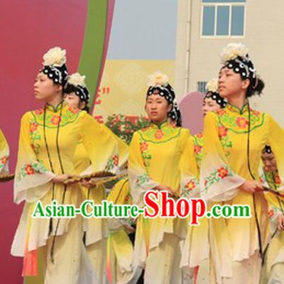 Yellow The Peach Blossom Fan Dance Costumes and Headwear for Women