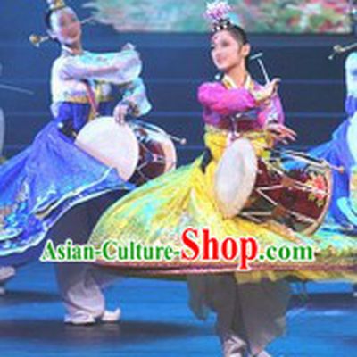 Traditional Korean Long Drum Dancing Costumes and Headdress for Women