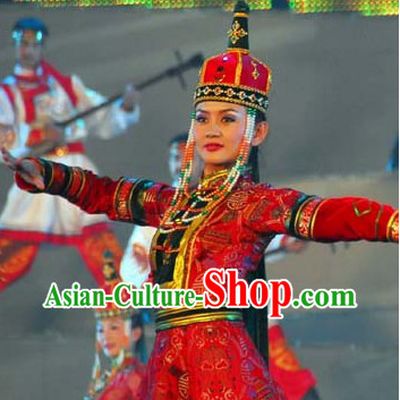 Traditional Chinese Mongolian Ethnic Clothing and Hat for Women
