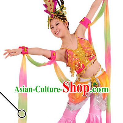 Traditional Chinese Long Ribbon Dancing Costumes and Headwear for Women