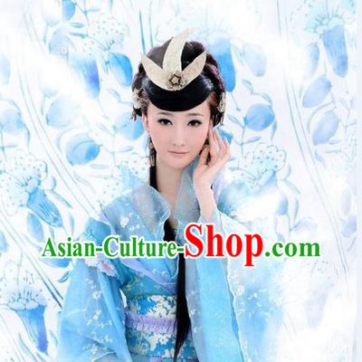 Chinese Ancient Skyblue Princess Guzhuang Costumes for Ladies