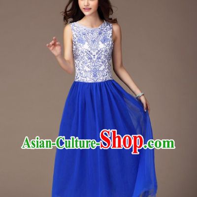 Blue and White Ceramics Style Mandarin Long Evening Dress