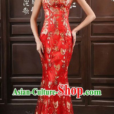 Long Lace Red Chinese Mandarin Wedding Evening Dress