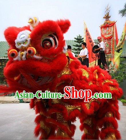 Red Wool Fut San Lion Dance Costumes Complete Set for Adults