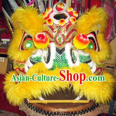 Yellow Long Wool Professional Chinese Lion Dance Costumes Complete Set for Adults