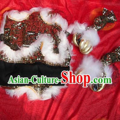 Black Sequins White Wool Chinese Festival Celebration Two Pairs of Lion Dance Pants and Shoes Covers