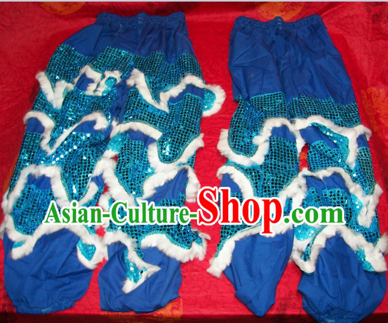 White Imitation Wool Blue Sequins Two Pairs of Chinese Lion Dance Pants and Claws Covers