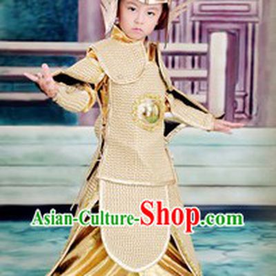 Ancient Traditional Chinese Emperor Armor Costumes and Hat Complete Set for Kids