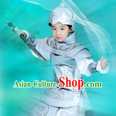 Ancient Traditional Chinese Prince Silver Color Armor Costumes and Hat Complete Set for Kids