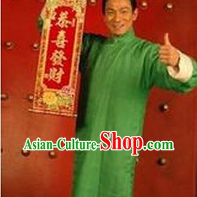 Chinese Lunar New Year Minguo Style Green Da Gua Mandarin Long Robe for Men
