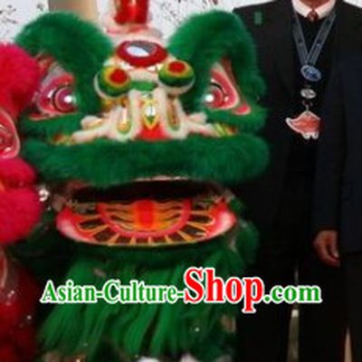 Traditional Hok San Type Green Long Wool Lion Dance Costumes Full Set