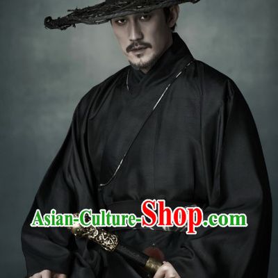 Black Ancient Chinese Swordsman Clothing and Bamboo Hat for Men