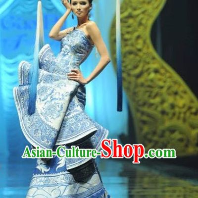 Beauty Contest Chinese Classical Style Blue and White Performance Dress Clothing for Women