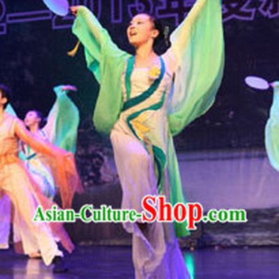 Classical Group Fan Dance Costumes and Headwear Complete Set for Women