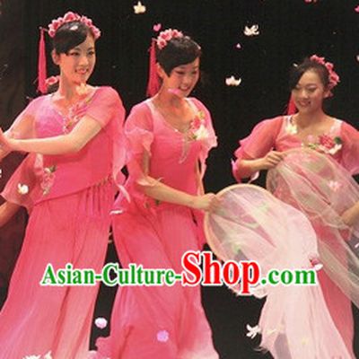 Classical Peach Flower Dance Costume and Headwear Full Set for Women