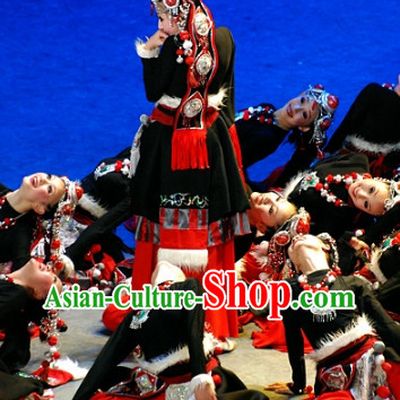 Chinese Folk Ethnic Tibetan Dance Costumes and Headwear for Women