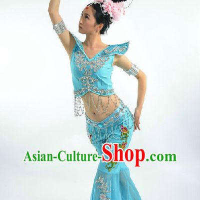 Light Blue Fei Tian Flying Angel Dance Costumes and Headwear Full Set