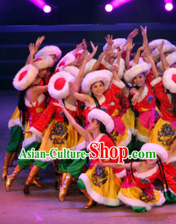 Chinese Tibetan Dance Costumes and Headwear Complete Set for Women