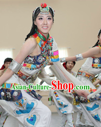 Chinese Tibetan Dancing Costumes and Headdress Full Set for Women