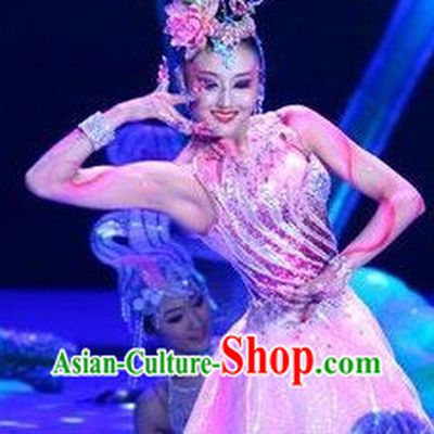 Asian Pink Lotus Dancing Costume and Headdress Complete Set for Women
