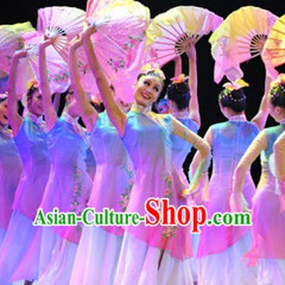 Traditional Chinese Fan Dancing Costume and Headdress Complete Set for Women