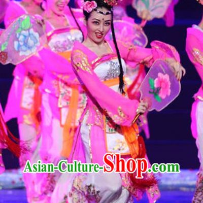 Traditional Chinese Fairy Fan Dancing Costumes and Headdress Complete Set for Women