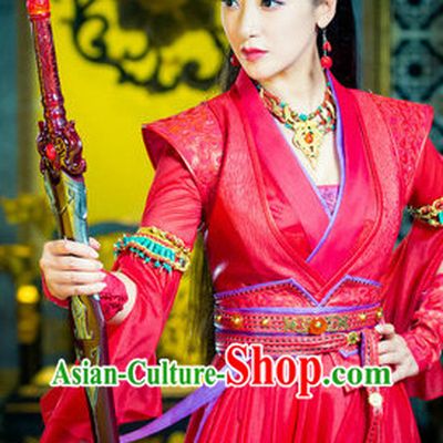 Ancient Chinese Red Swordswoman Costumes and Headpieces Full Set