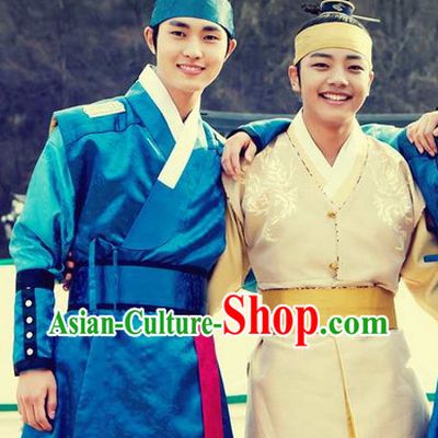 Ancient Korean Male Hanbok Clothing and Headwear Complete Set (the blue set)