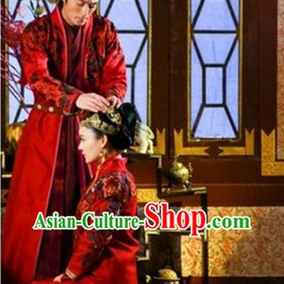 Traditional Chinese Happy Flower Embroidery Bridal Wedding Dresses and Headwear Two Complete Sets