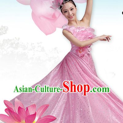 Professional Chinese Pink Lotus Dancing Costumes and Headwear Complete Set for Women