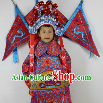Traditional Chinese Beijing Opera General Costumes and Helmet Complete Set for Kids