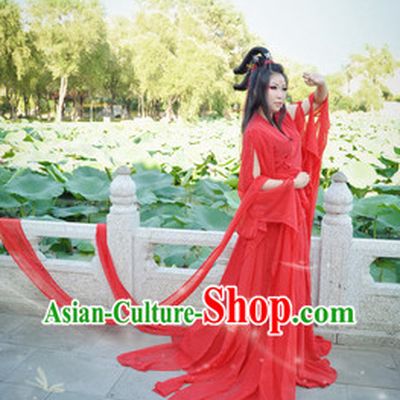 Red Chinese Hanfu Beauty Costumes and Headdress Complete Set