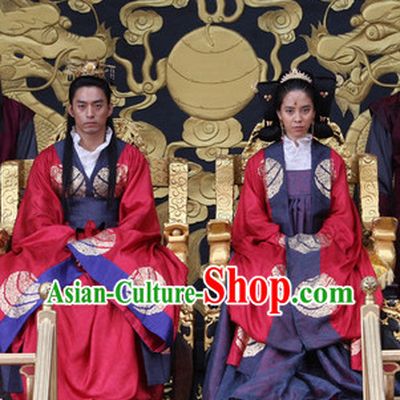Ancient Korean Palace Imperial Emperor and Empress Costumes and Hair Accessories 2 Complete Sets
