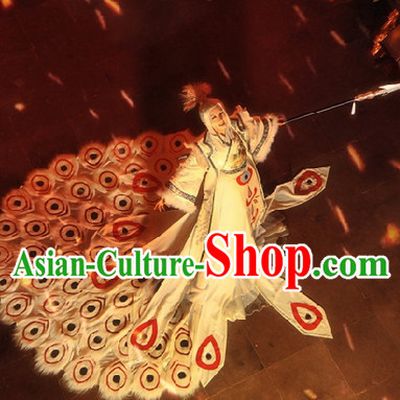 Ancient Chinese White Peacock Princess Costumes and Hair Accessories Complete Set