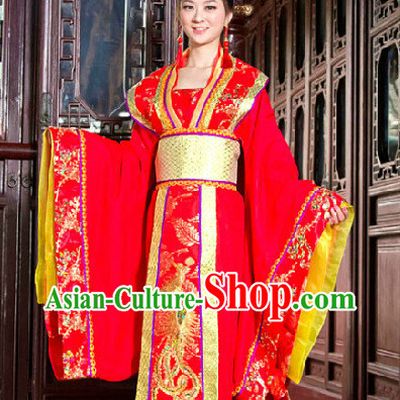 Ancient Chinese Tang Red Phoenix Wedding Robe with Long Tail