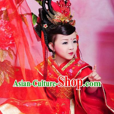 Chinese Traditional Wedding Dress and Headwear Complete Set for Children