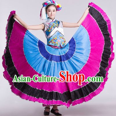 Chinese Traditional Yi Lady Dance Skirt and Headwear Complete Set