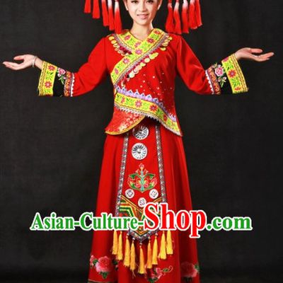 Top Zhuang Recital Dance Costumes and Hat Complete Set for Girls