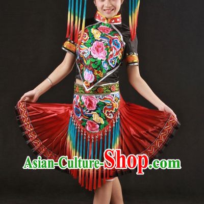 Top Guangxi Province Zhuang Recital Dance Costumes and Hat Complete Set