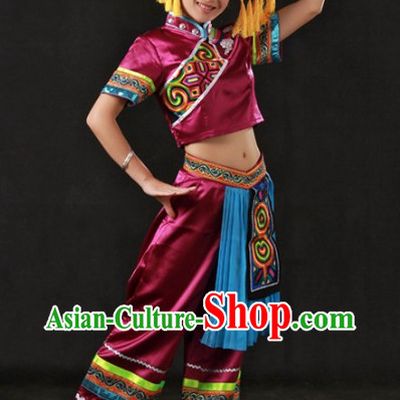 Traditional Chinese Zhuang Stage Performance Costumes and Headwear for Women