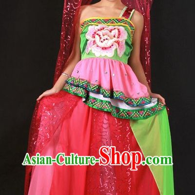 Traditional Chinese Zhuang Stage Performance Costume and Hat Complete Set