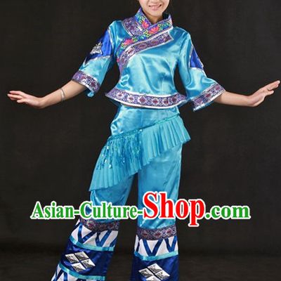 Traditional Chinese Zhuang Stage Performance Dance Costume and Headwear Complete Set