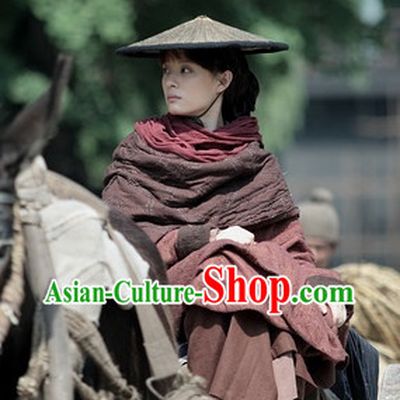 Brown Cinematic Style Swordswoman Costumes and Bamboo Hat Complete Set