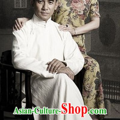 The Grandmaster Long White Mandarin Collar Flax Robe