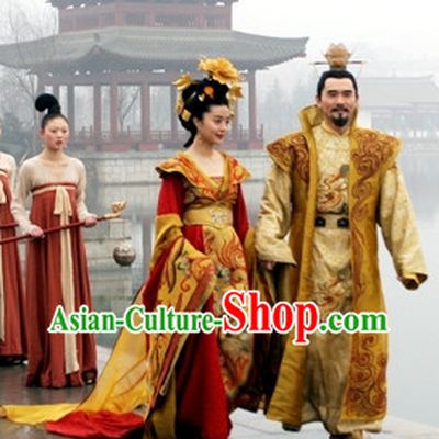 Tang Dynasty Palace Emperor and Empress Costumes and Headwears Complete 2 Sets