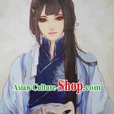 Chinese Traditional Black Guzhuang Hanfu Wig and Hair Accessories for Girls