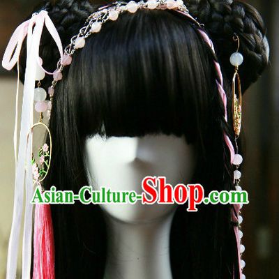 Chinese Traditional Black Cosplay Hanfu Wig and Hair Accessories for Girls