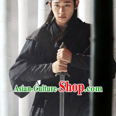 Traditional Korean Black Swordman Outfit and Headwear Complete Set